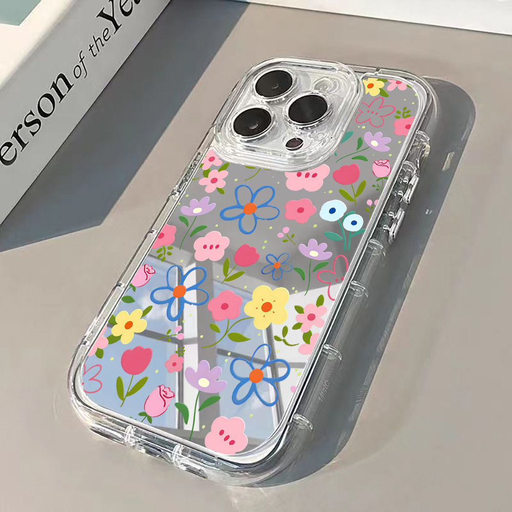 X Phone Accessories - 한국 스타일 꽃무늬 실버 미러 폰